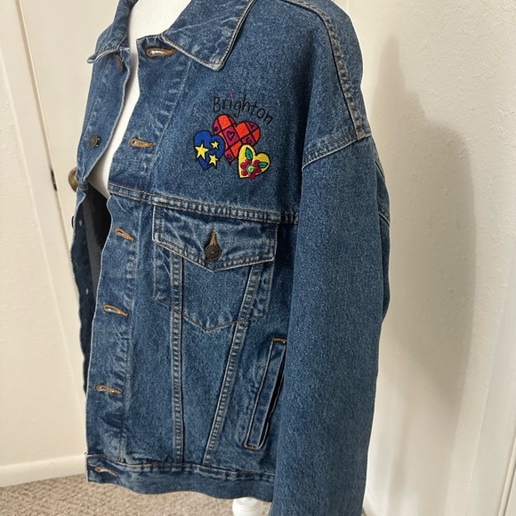 Brighton Embroidered Heart Patch Denim Jacket Sz M Oversized - Picture 4 of 12
